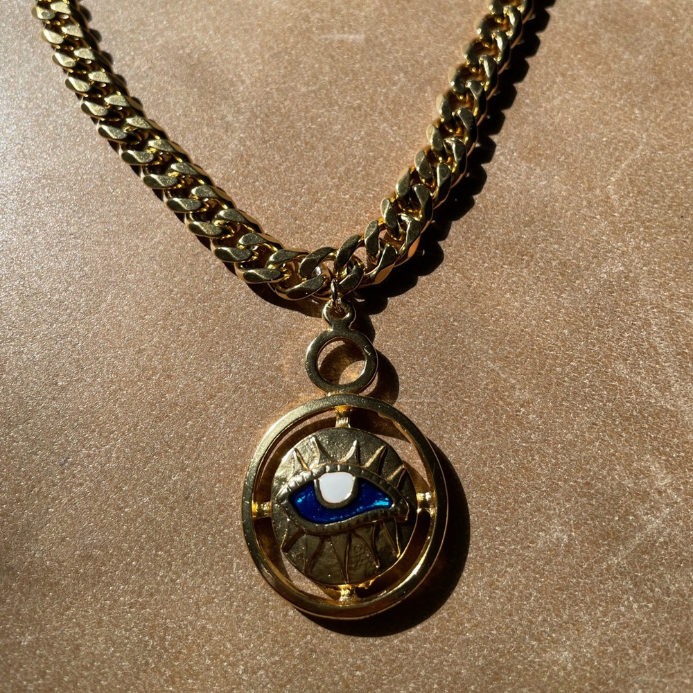 Evil eye 🧿 curb chain choker necklace adjustable gold blue pendant charm - Picture 4 of 10